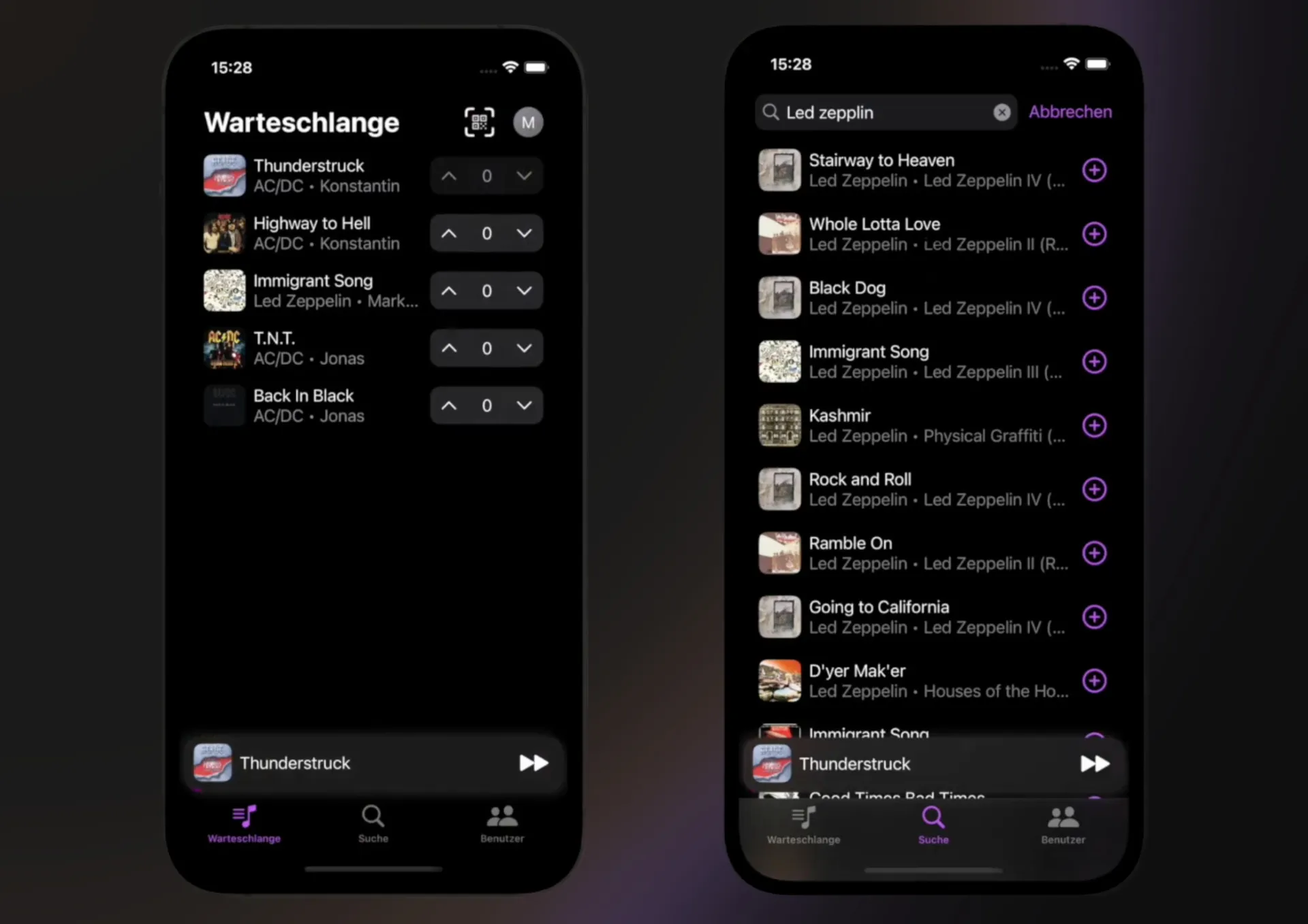 Zwei Screenshots der Jamify-App: Links die Warteschlange mit Songs wie Thunderstruck (AC/DC), rechts die Suchergebnisse für „Led Zeppelin" mit Titeln wie Stairway to Heaven und Whole Lotta Love.