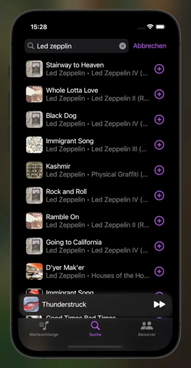 Suche-Ansicht der Jamify-App mit Suchergebnissen
