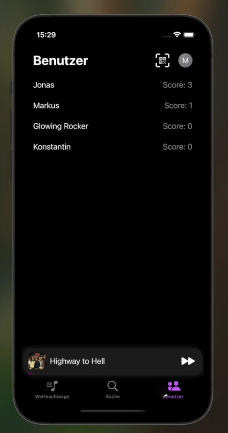 Benutzer-Ansicht der Jamify-App mit einer Rangliste von vier Nutzern und ihren Scores
