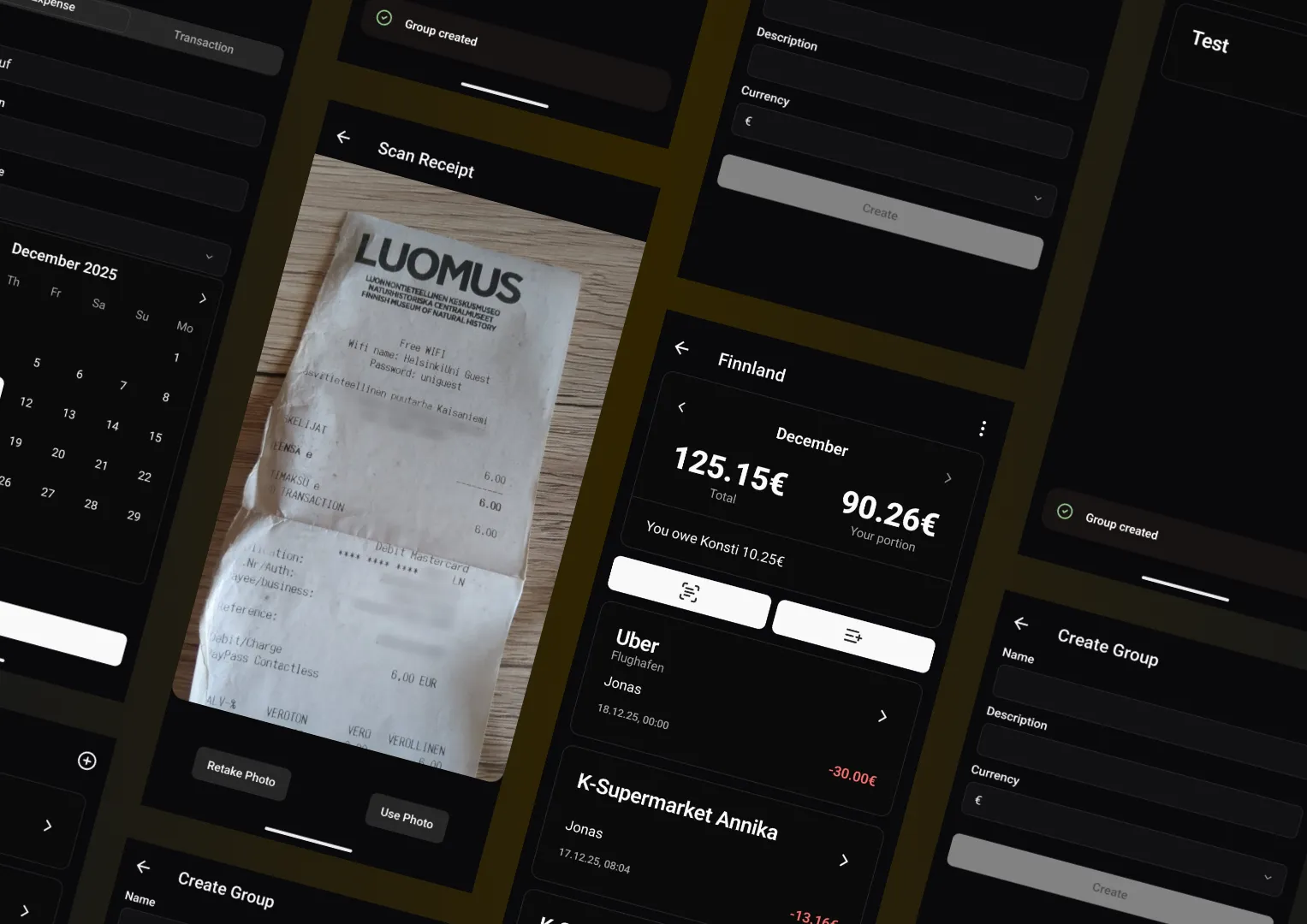 Screenshots der App "Spliddy". Gezeigt werden Startseite, Ausgabenübersicht und Seite zum Einscannen von Kassenzetteln.