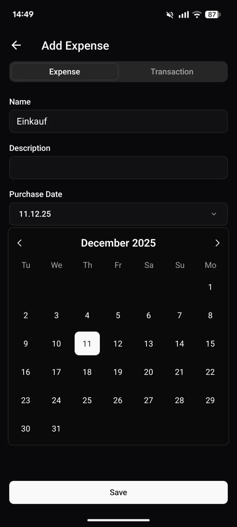 Ausgabe-erstellen-Formular der Spliddy-App mit Namensfeld, Beschreibung und Datumsauswahl für Dezember 2025