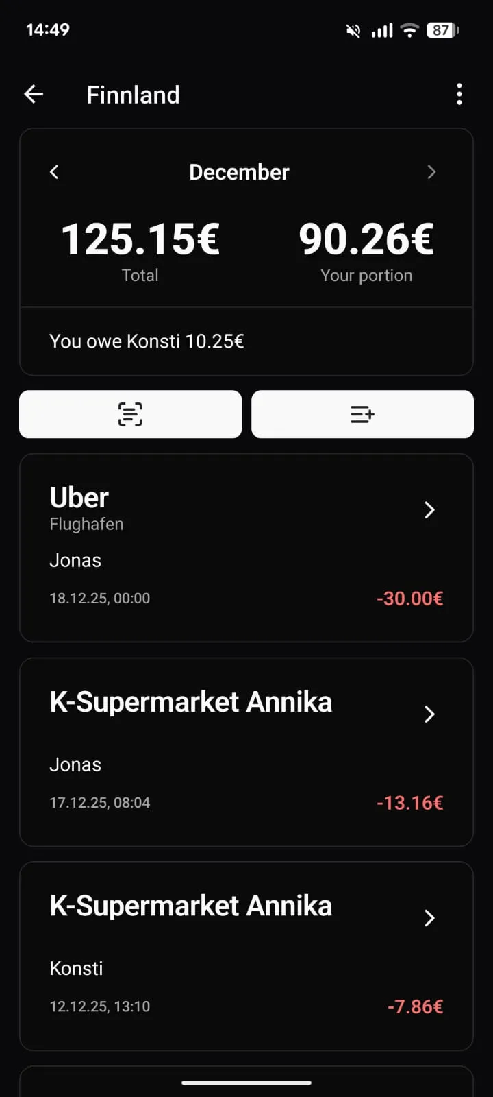 Gruppendetails der Spliddy-App für "Finnland" mit Gesamtausgaben von 125,15 € und einer Ausgabenliste für Dezember