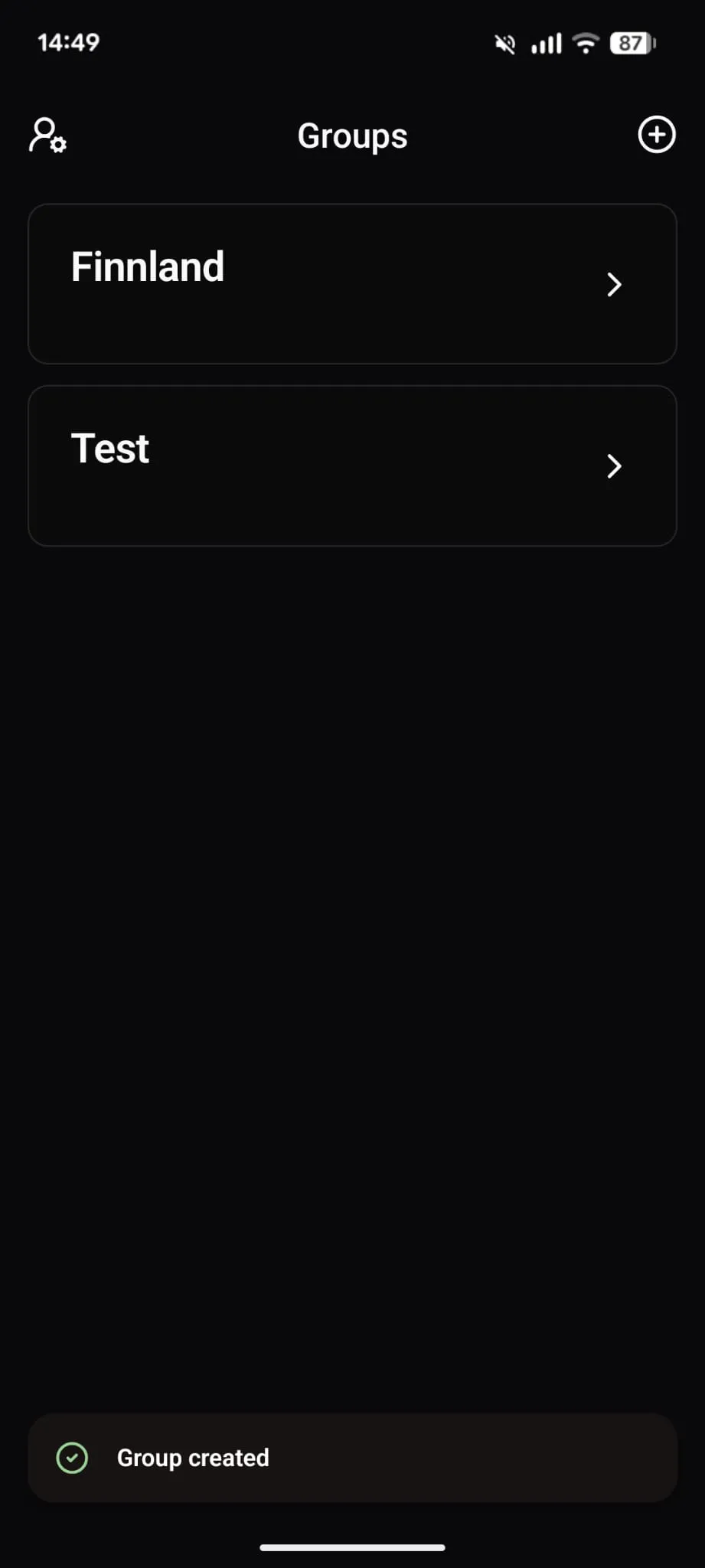 Gruppen-Übersicht der Spliddy-App mit zwei Gruppen: "Finnland" und "Test"