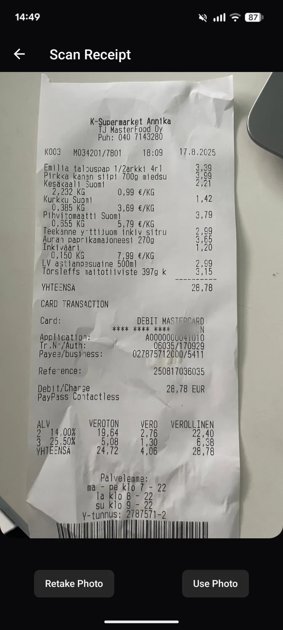 Kassenbon-Scanner der Spliddy-App mit einem fotografierten Bon vom Finnish Museum of Natural History über 6,00 EUR