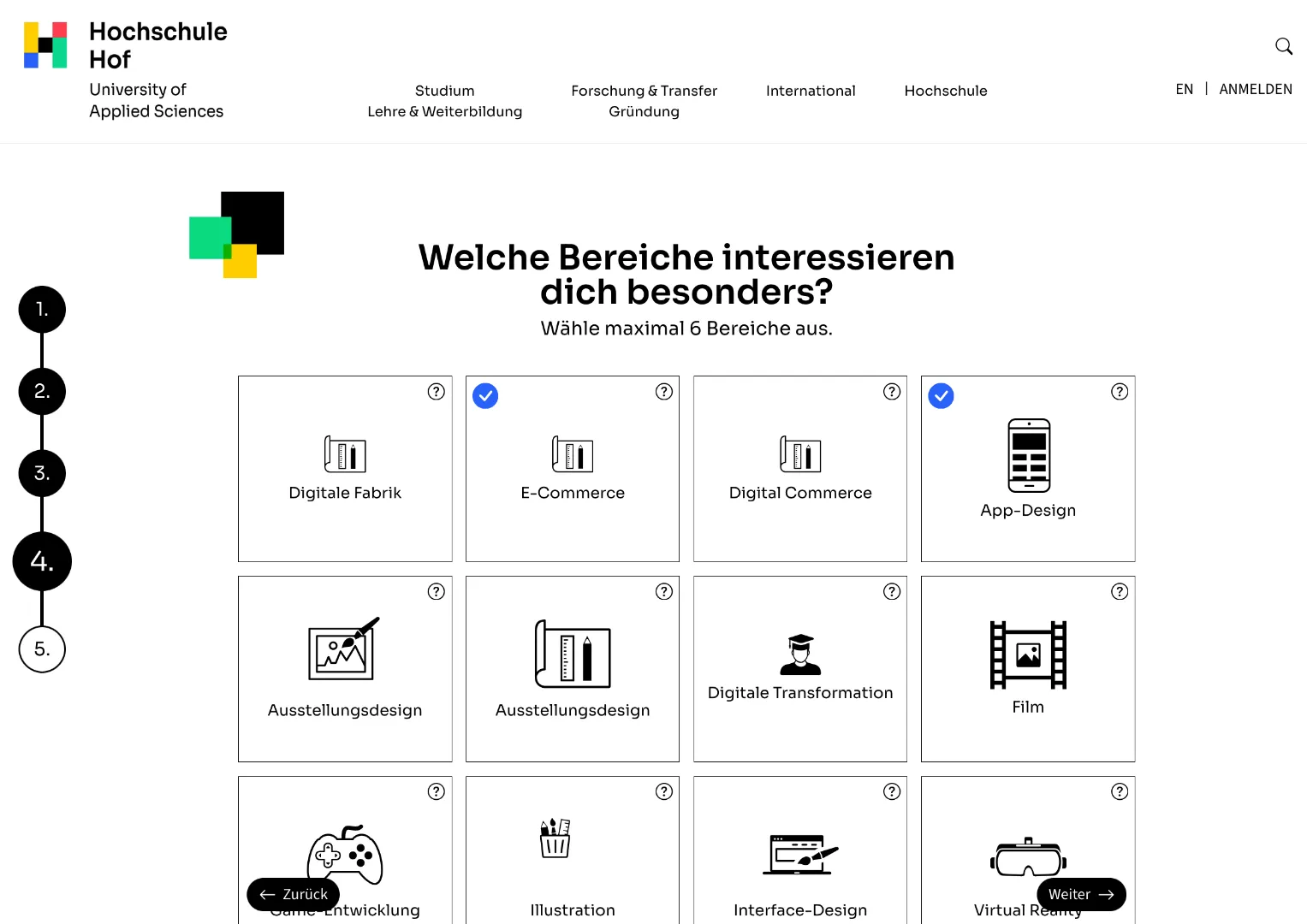 Screenshot des Studienganggenerators. Gezeigt wird die Auswahl von Interessen. Zur Auswahl stehen Interessen im Bereich Informatik.