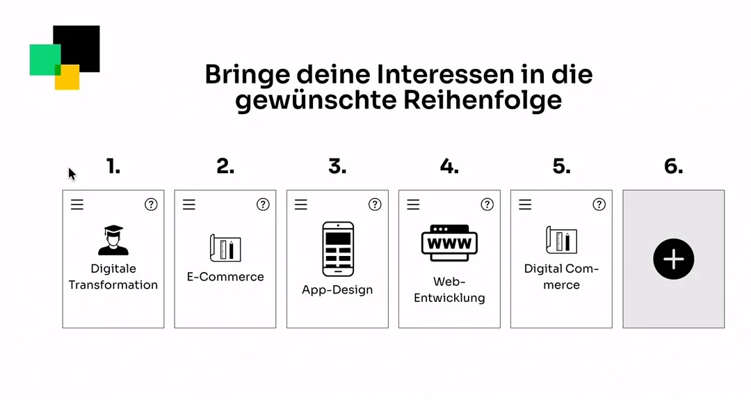 Animation der Drag-and-Drop-Funktion im Studienganggenerator zum Sortieren persönlicher Interessensbereiche