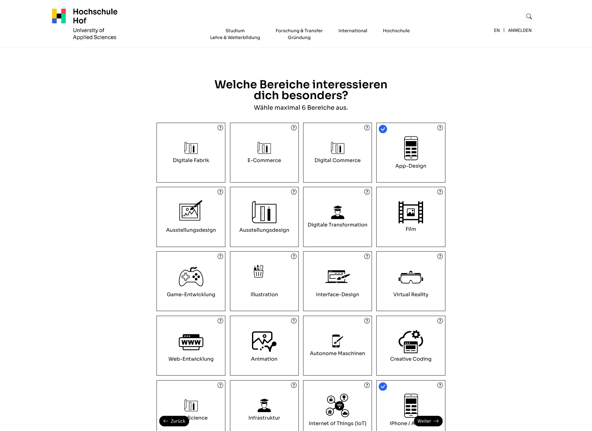 Auswahlseite mit Themenkacheln wie App-Design, Game-Entwicklung und Web-Entwicklung