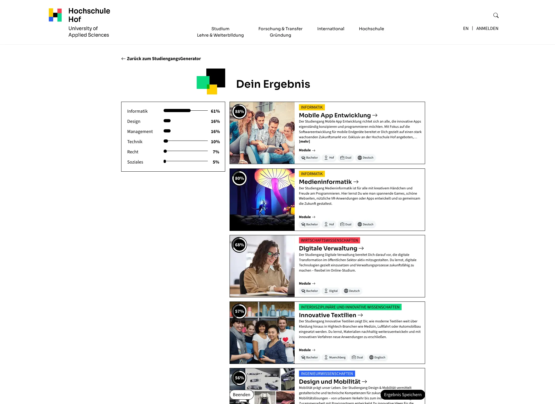 Ergebnisseite des Studienganggenerators mit passenden Studiengangsempfehlungen wie Mobile App-Entwicklung (88 %) und Medieninformatik (80 %)